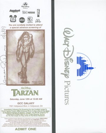 Ticket to the Premiere Showing of Disney's Tarzan at the El Capitan Theatre, Hollywood