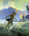 THE SAVAGE GAVE THE YELL AND CAME BOUNDING ACROSS THE OPEN GROUND FLOURISHING A TOMAHAWK c.1927 - The Deer Slayer by James Fennimore