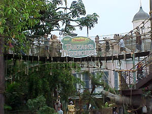 The suspension bridge leading from the entrance tree to the main treehouse,