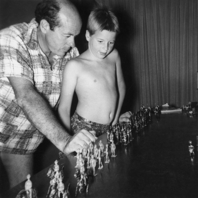 Dan and Dad with soldiers: Soldiers collected by Jack and Hully in their early days at Tarzana Ranch.