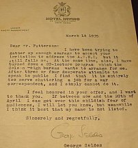 Letter Hand Signed by George Seldes, Hotel Irving, New York, dated 1935, signed with a Fountain Pen