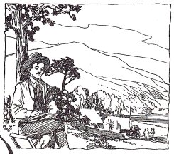 Author ERB writing in his travel journal while sitting on a camp stool under a tree. ~ The campsite with the truck and family members are in the background.