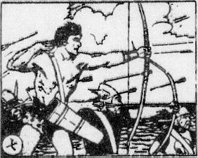 Card 7: The arrows were like rain in the air.  Tai-zan used his powerful Lirms shooting arrows.