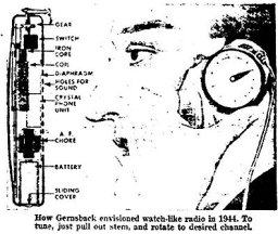 How Gernsback envisioned watch-like radio in 1944. To tune, just pull out stem, and rotate to desired channel.