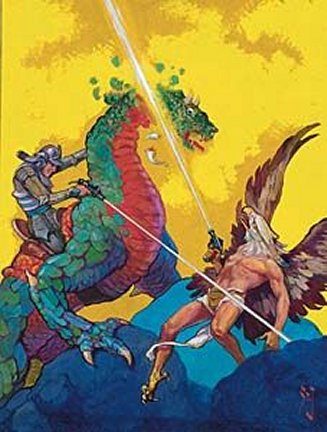 Eagle Man and Knight on Dinosaur - Magazine Cover Art