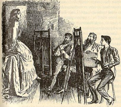 Trilby poses for Taffy, the Laird, and Little Billee