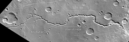Nirgal Vallis, south of the eastern part of Valles Marineris, superficially resembles a river-cut valley on Earth