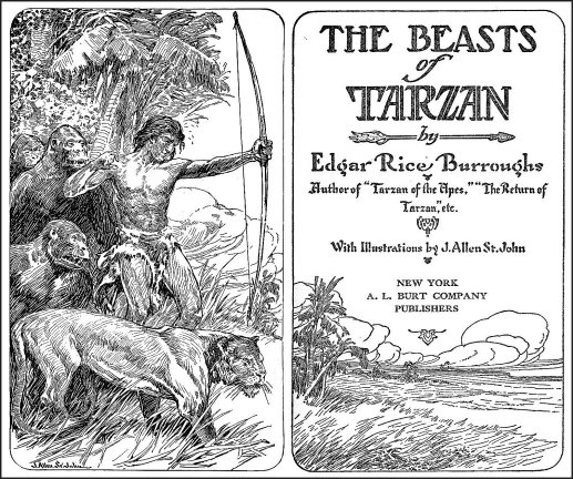 Title page and frontispiece from The Beasts of Tarzan by ERB - illos by J. Allen St. John