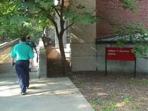 Approaching the main entrance of the Ekstrom Library