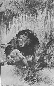 The lion stood stradling Tarzan with his paws
