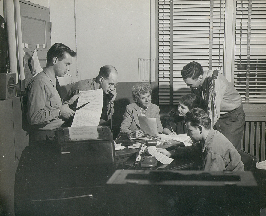 George broadcasting election returns from WFDH at Ft. Dix, NJ, 1952