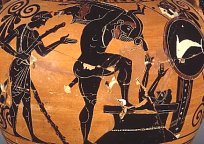 Hercules brings the boar to Eurstheus, carrying it on his shoulder. He rests his foot on the rim of the pithos, where Eurystheus cowers.