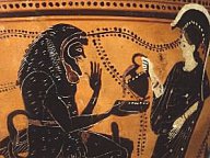 Hercules takes a break. The goddess Athena pours him a cup of wine.