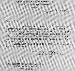 One of many rejection letters received by ERB for Tarzan of the Apes hardcover release