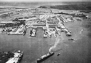 Pearl Harbor Navy Yard, looking south. Marine Barracks complex is located to the left of the tank farm visible just to left of centre.