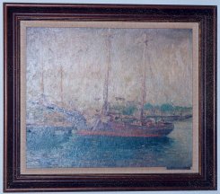 Original oil painting of a sailboat at dock by J. Allen St. John (non-Burroughs)